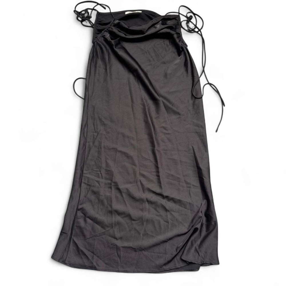 Boutique Black Satin Maxi Skirt Open Hips Ties Cutout Womens Size Small